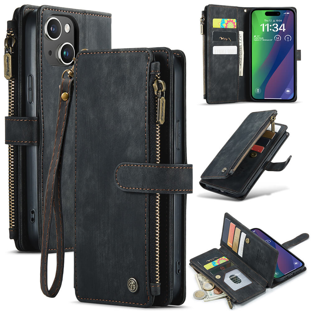 CaseMe iPhone 15 Plus Wallet kickstand Case with Wrist Strap