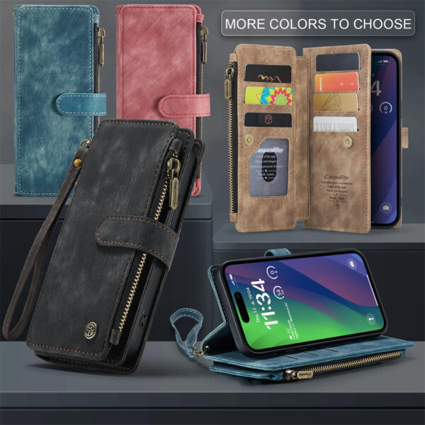 Alternative view of CaseMe iPhone 15 Plus Wallet kickstand Case with Wrist Strap
