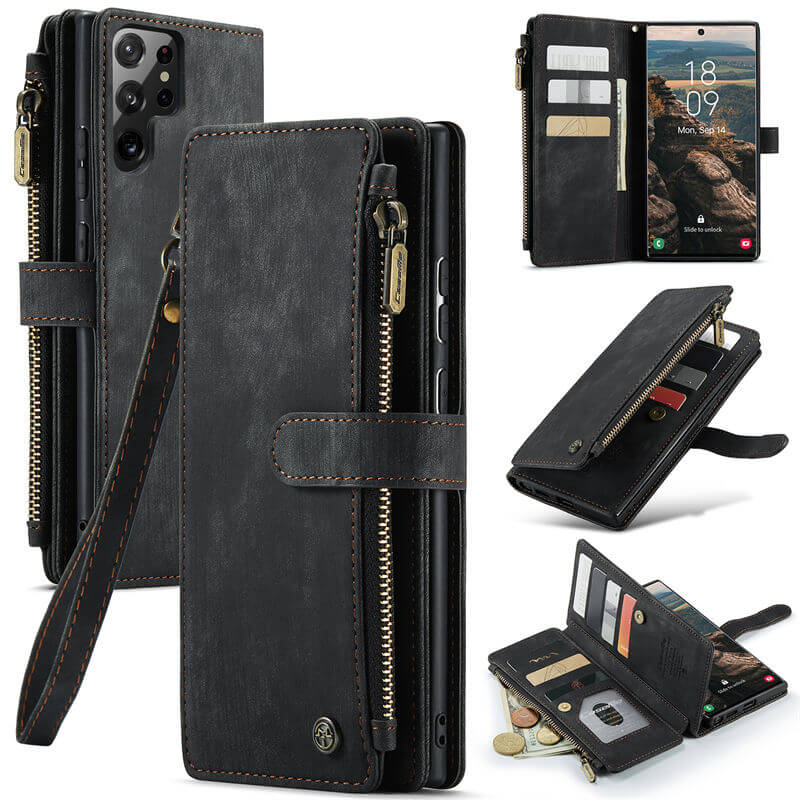 CaseMe Samsung Galaxy S22 Ultra Wallet kickstand Case with Wrist Strap