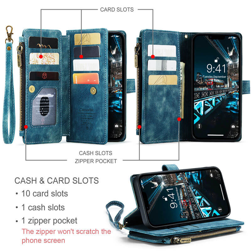 CaseMe iPhone 14 Plus Wallet kickstand Case with Wrist Strap