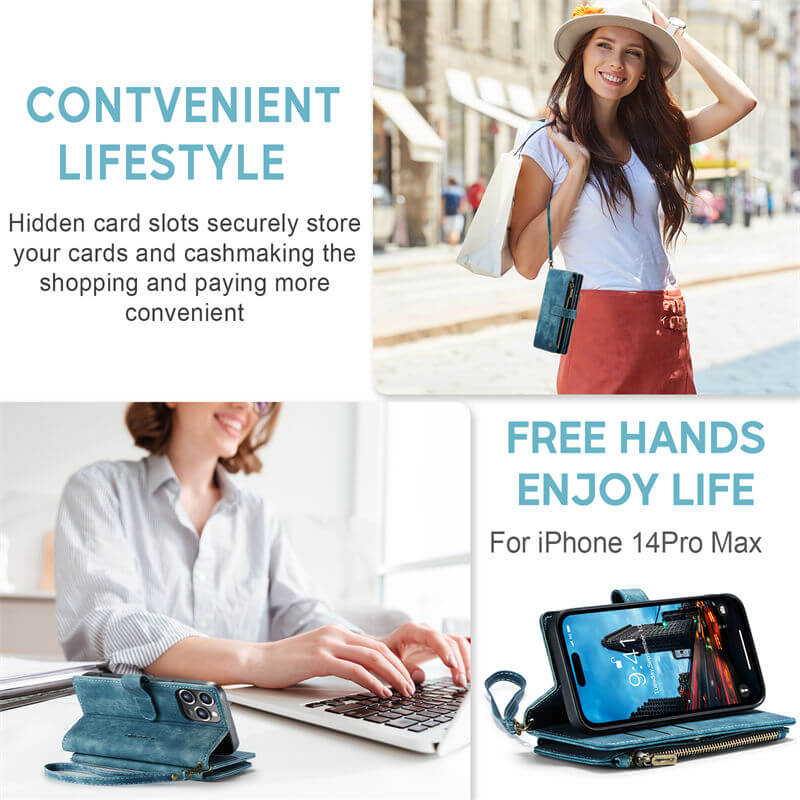 CaseMe iPhone 14 Pro Max Wallet kickstand Case with Wrist Strap