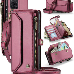 CaseMe Crossbody For Samsung Galaxy A12 5G Wallet Kickstand Case with RFID Blocking 10 card slots Zipper Purse