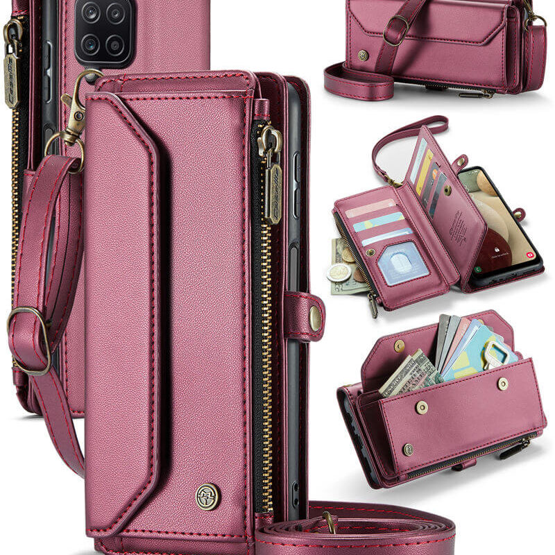 CaseMe Crossbody For Samsung Galaxy A12 5G Wallet Kickstand Case with RFID Blocking 10 card slots Zipper Purse