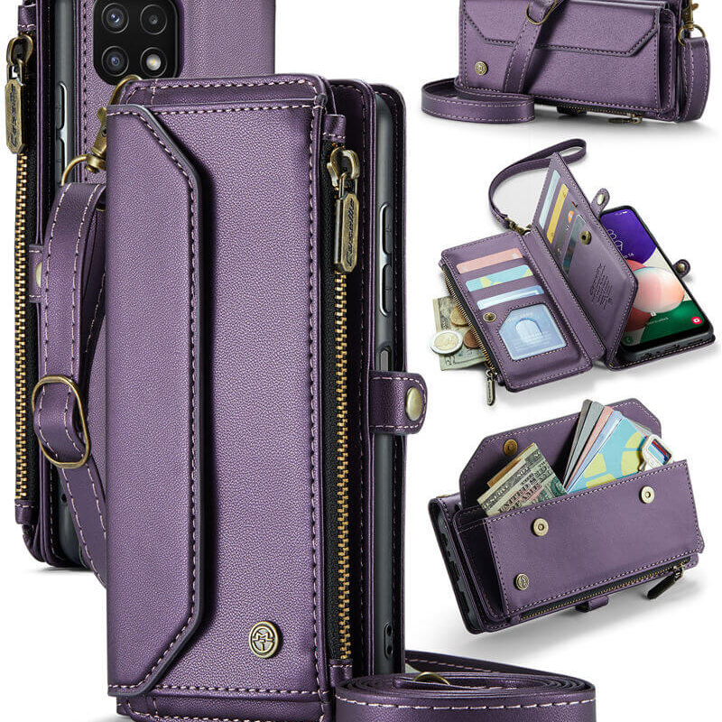 CaseMe Crossbody For Samsung Galaxy A22 5G Wallet Kickstand Case with RFID Blocking 10 card slots Zipper Purse