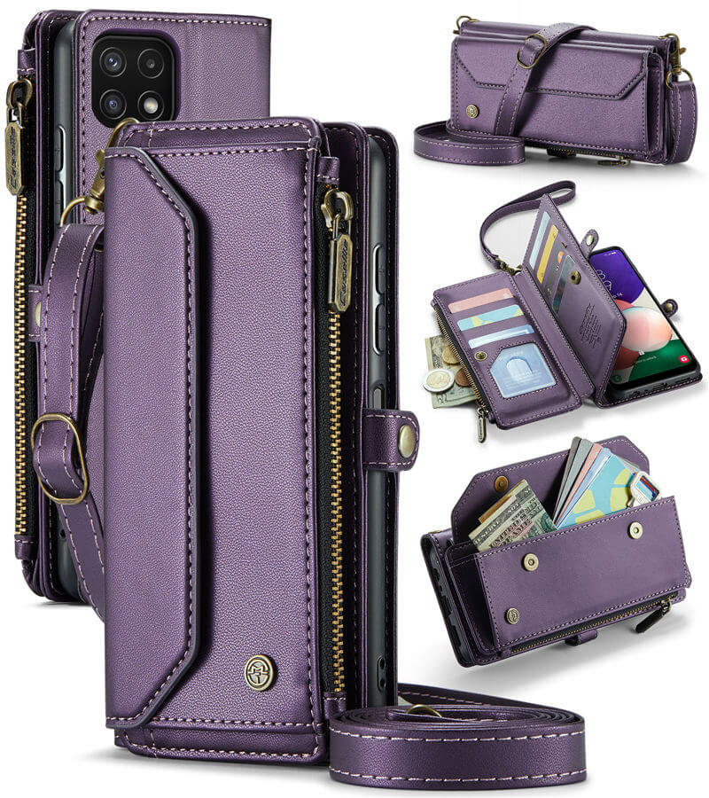 CaseMe Crossbody For Samsung Galaxy A22 5G Wallet Kickstand Case with RFID Blocking 10 card slots Zipper Purse