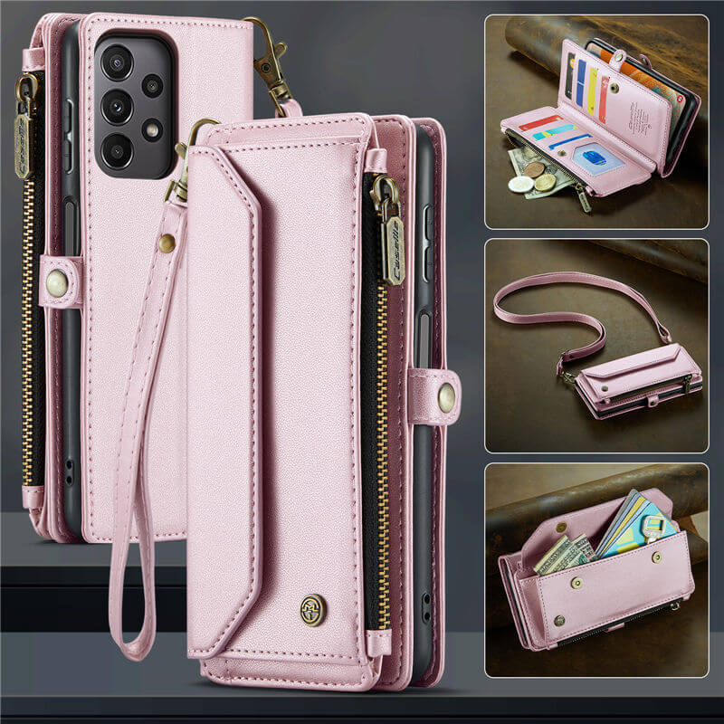 CaseMe Crossbody For Samsung Galaxy A23 Wallet Kickstand Case with RFID Blocking 10 card slots Zipper Purse