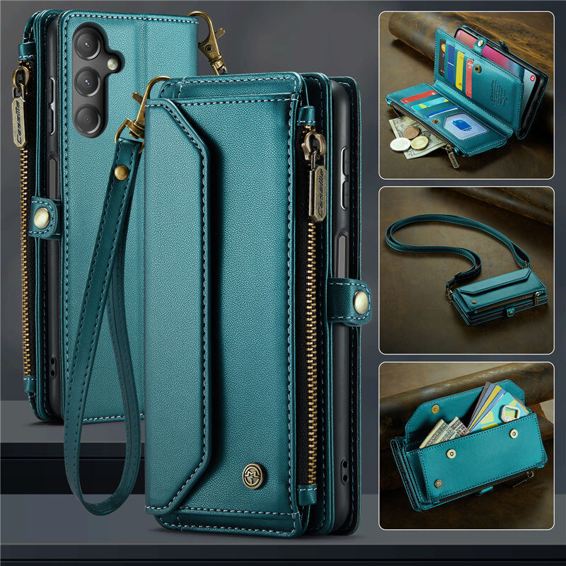 CaseMe Crossbody For Samsung Galaxy A24 Wallet Kickstand Case with RFID Blocking 10 card slots Zipper Purse