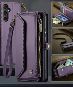CaseMe Crossbody For Samsung Galaxy A34 Wallet Kickstand Case with RFID Blocking 10 card slots Zipper Purse