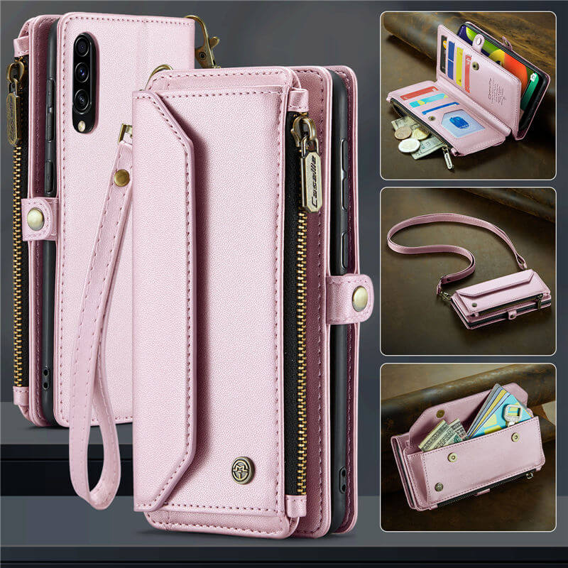 CaseMe Crossbody For Samsung Galaxy A50 Wallet Kickstand Case with RFID Blocking 10 card slots Zipper Purse