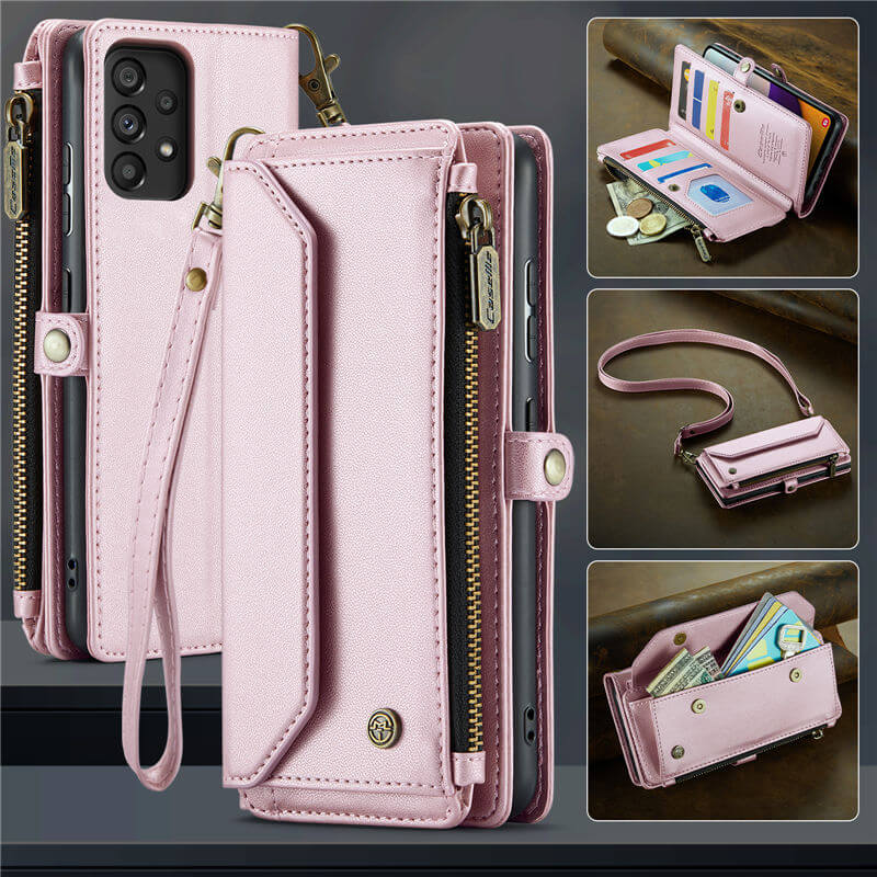 CaseMe Crossbody For Samsung Galaxy A52 Wallet Kickstand Case with RFID Blocking 10 card slots Zipper Purse