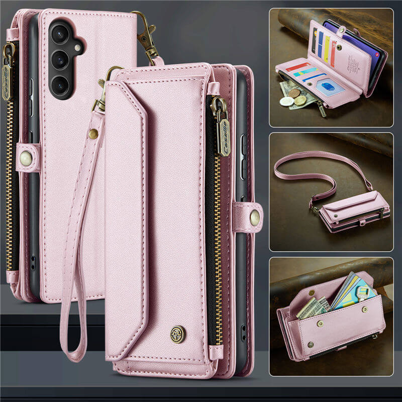 CaseMe Crossbody For Samsung Galaxy A54 Wallet Kickstand Case with RFID Blocking 10 card slots Zipper Purse