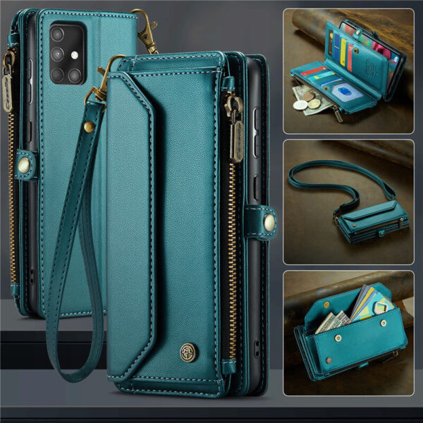 CaseMe Crossbody For Samsung Galaxy A71 4G Wallet Kickstand Case with RFID Blocking 10 card slots Zipper Purse