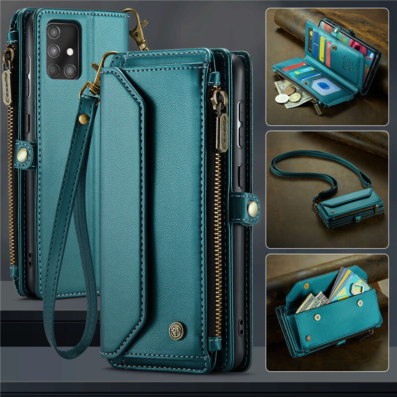 CaseMe Crossbody For Samsung Galaxy A71 4G Wallet Kickstand Case with RFID Blocking 10 card slots Zipper Purse