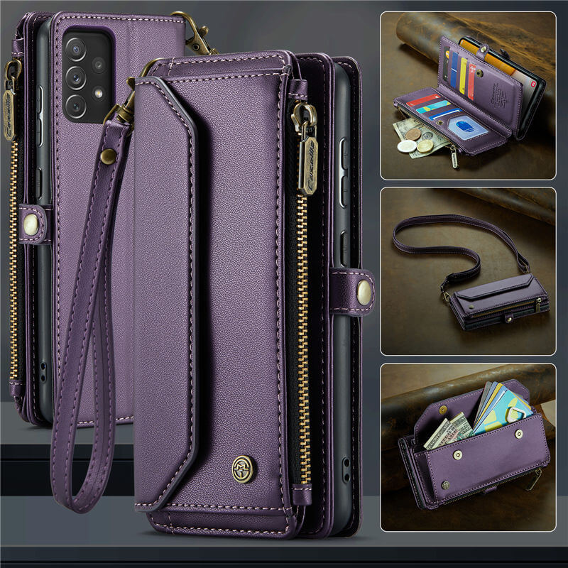 CaseMe Crossbody For Samsung Galaxy A72 Wallet Kickstand Case with RFID Blocking 10 card slots Zipper Purse