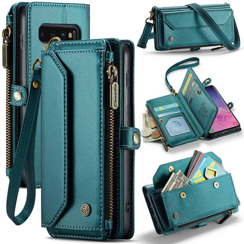 CaseMe Crossbody For Samsung Galaxy S10 Wallet Kickstand Case with RFID Blocking 7 card slots Zipper Purse Support Wireless Charging