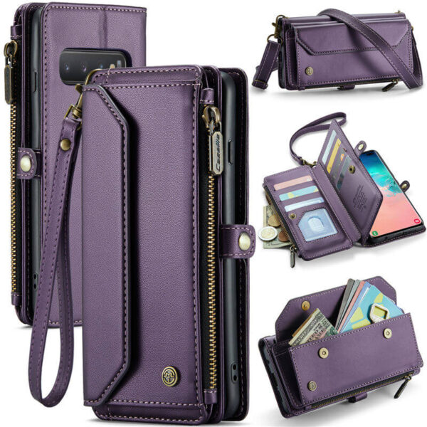 CaseMe Crossbody For Samsung Galaxy S10 Plus Wallet Kickstand Case with RFID Blocking 10 card slots Zipper Purse Support Wireless Charging