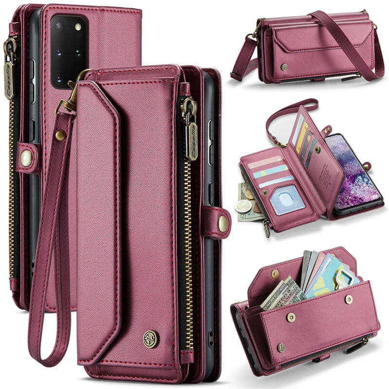 CaseMe Crossbody For Samsung Galaxy S20 Plus Wallet Kickstand Case with RFID Blocking 10 card slots Zipper Purse Support Wireless Charging