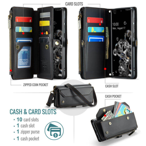 CaseMe Crossbody For Samsung Galaxy S20 Ultra Wallet Kickstand Case with RFID Blocking 10 card slots Zipper Purse Support Wireless Charging - Image 6
