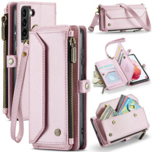 CaseMe Crossbody For Samsung Galaxy S21 Wallet Kickstand Case with RFID Blocking 7 card slots Zipper Purse Support Wireless Charging