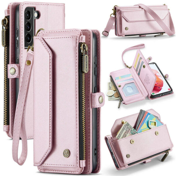 CaseMe Crossbody For Samsung Galaxy S21 Wallet Kickstand Case with RFID Blocking 7 card slots Zipper Purse Support Wireless Charging