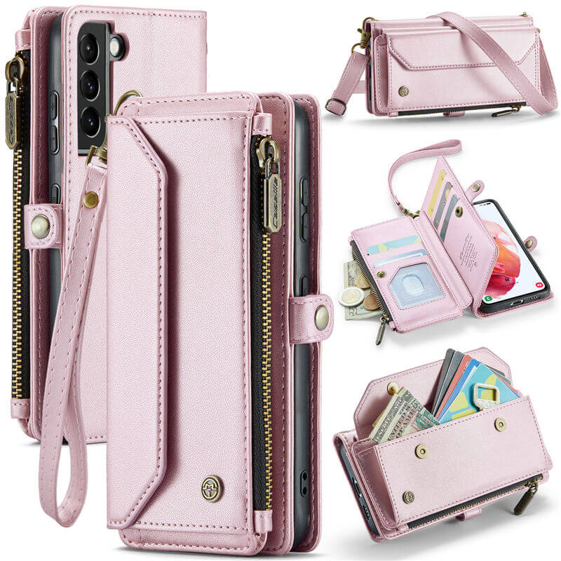 CaseMe Crossbody For Samsung Galaxy S21 Wallet Kickstand Case with RFID Blocking 7 card slots Zipper Purse Support Wireless Charging