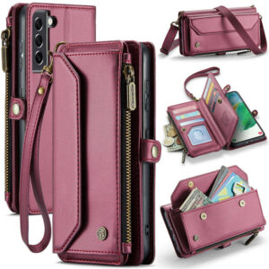 CaseMe Crossbody For Samsung Galaxy S21 FE Wallet Kickstand Case with RFID Blocking 10 card slots Zipper Purse Support Wireless Charging