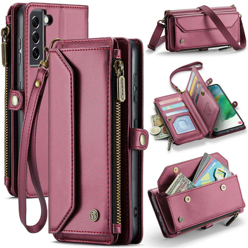 CaseMe Crossbody For Samsung Galaxy S21 FE Wallet Kickstand Case with RFID Blocking 10 card slots Zipper Purse Support Wireless Charging