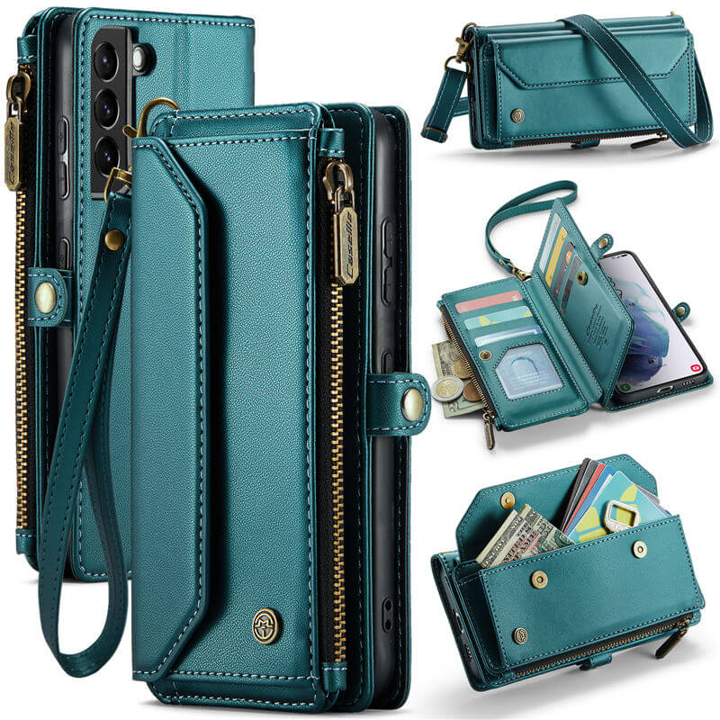 CaseMe Crossbody For Samsung Galaxy S21 Plus Wallet Kickstand Case with RFID Blocking 10 card slots Zipper Purse Support Wireless Charging