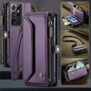 CaseMe Crossbody For Samsung Galaxy S21 Ultra Wallet Kickstand Case with RFID Blocking 10 card slots Zipper Purse Support Wireless Charging