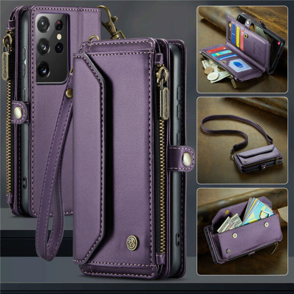 CaseMe Crossbody For Samsung Galaxy S21 Ultra Wallet Kickstand Case with RFID Blocking 10 card slots Zipper Purse Support Wireless Charging
