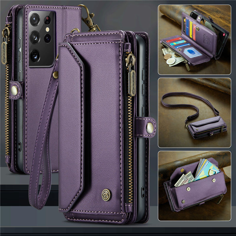 CaseMe Crossbody For Samsung Galaxy S21 Ultra Wallet Kickstand Case with RFID Blocking 10 card slots Zipper Purse Support Wireless Charging