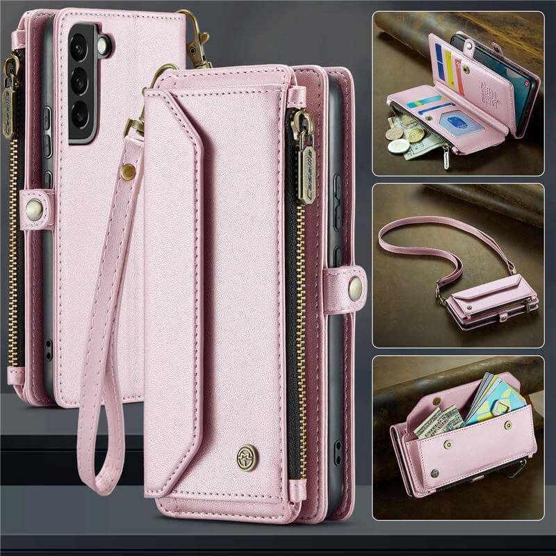 CaseMe Crossbody For Samsung Galaxy S22 Wallet Kickstand Case with RFID Blocking 7 card slots Zipper Purse Support Wireless Charging