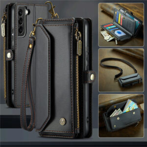 CaseMe Crossbody For Samsung Galaxy S22 Plus Wallet Kickstand Case with RFID Blocking 10 card slots Zipper Purse Support Wireless Charging