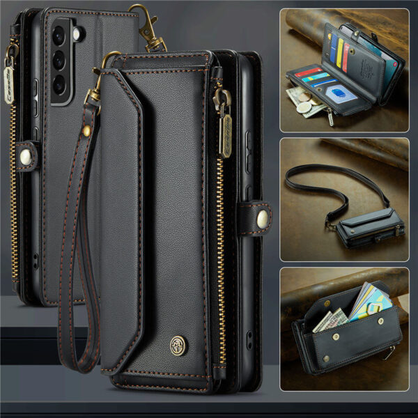 CaseMe Crossbody For Samsung Galaxy S22 Plus Wallet Kickstand Case with RFID Blocking 10 card slots Zipper Purse Support Wireless Charging