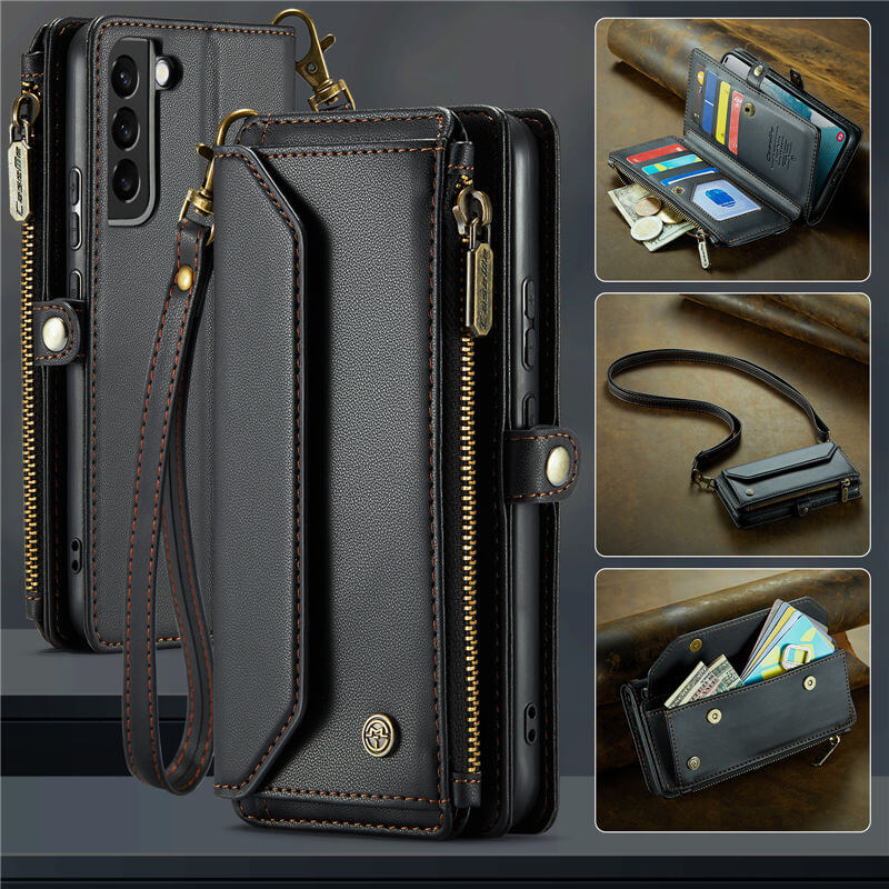 CaseMe Crossbody For Samsung Galaxy S22 Plus Wallet Kickstand Case with RFID Blocking 10 card slots Zipper Purse Support Wireless Charging