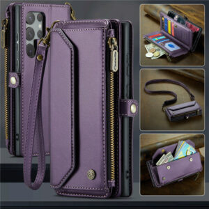 CaseMe Crossbody For Samsung Galaxy S22 Ultra Wallet Kickstand Case with RFID Blocking 10 card slots Zipper Purse Support Wireless Charging