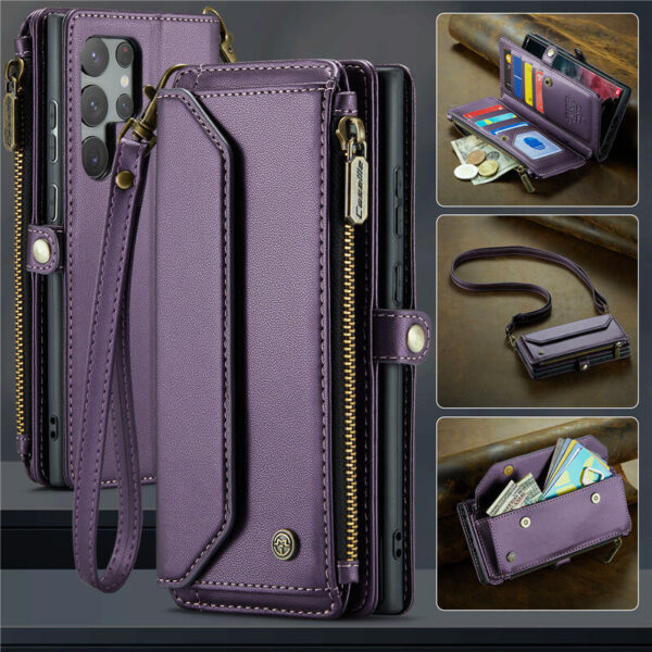 CaseMe Crossbody For Samsung Galaxy S22 Ultra Wallet Kickstand Case with RFID Blocking 10 card slots Zipper Purse Support Wireless Charging