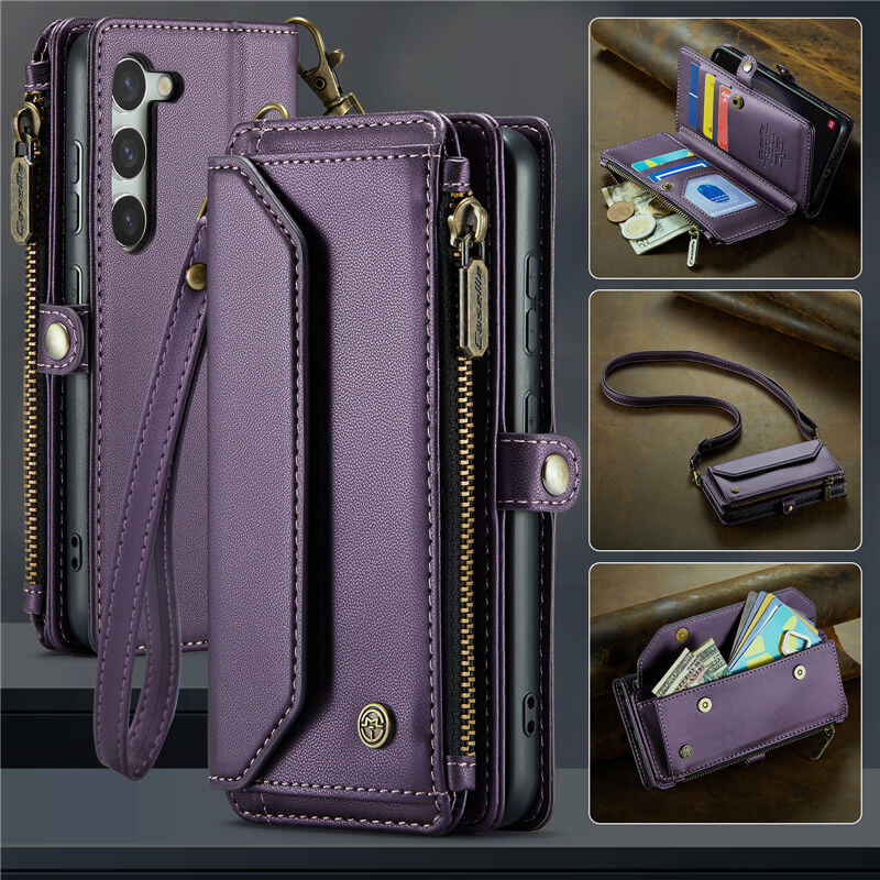 CaseMe Crossbody For Samsung Galaxy S23 Wallet Kickstand Case with RFID Blocking 7 card slots Zipper Purse Support Wireless Charging