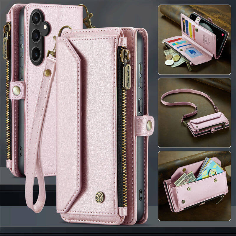 CaseMe Crossbody For Samsung Galaxy S23 FE Wallet Kickstand Case with RFID Blocking 10 card slots Zipper Purse Support Wireless Charging