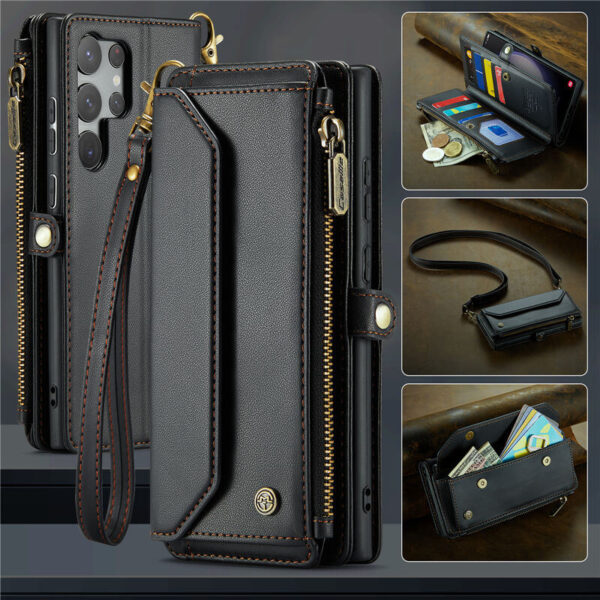 CaseMe Crossbody For Samsung Galaxy S23 Ultra Wallet Kickstand Case with RFID Blocking 10 card slots Zipper Purse Support Wireless Charging