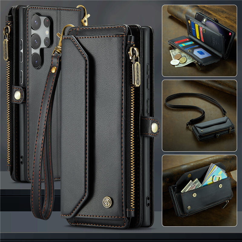 CaseMe Crossbody For Samsung Galaxy S23 Ultra Wallet Kickstand Case with RFID Blocking 10 card slots Zipper Purse Support Wireless Charging