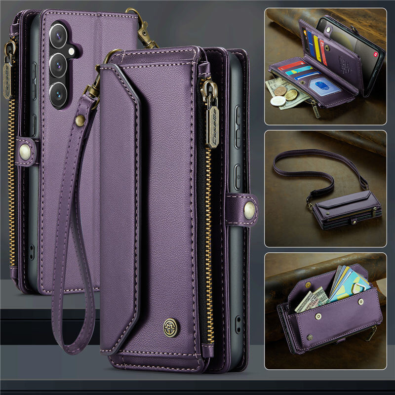 CaseMe Crossbody For Samsung Galaxy S24 Wallet Kickstand Case with RFID Blocking 10 card slots Zipper Purse Support Wireless Charging