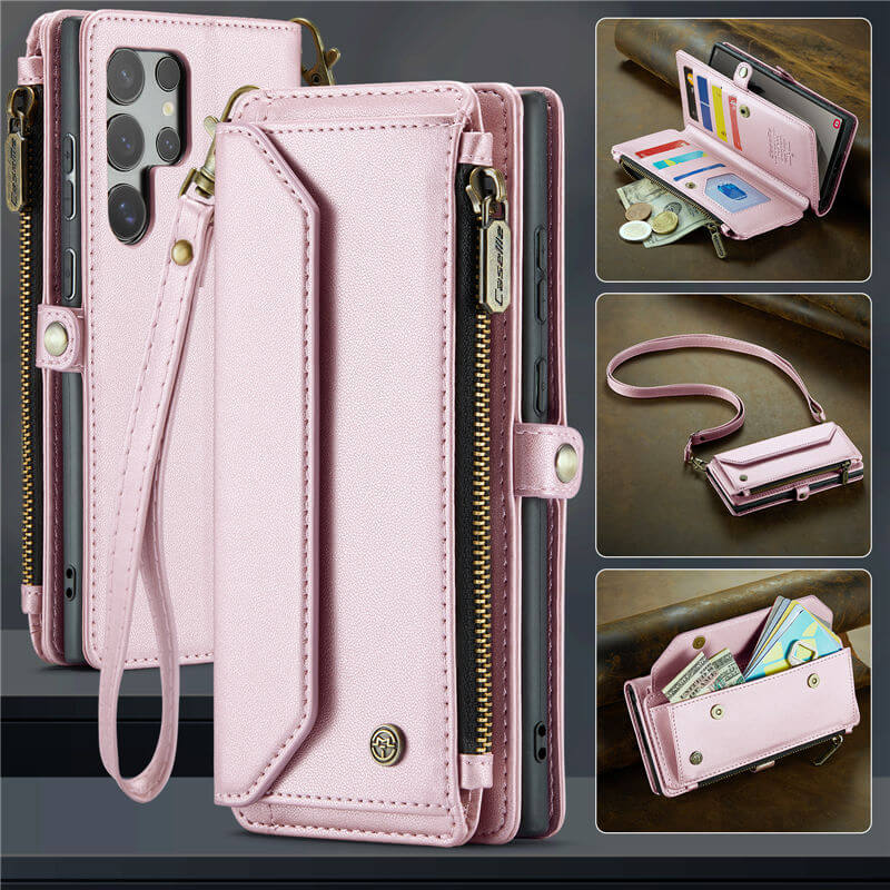 CaseMe Crossbody For Samsung Galaxy S24 Ultra Wallet Kickstand Case with RFID Blocking 10 card slots Zipper Purse Support Wireless Charging