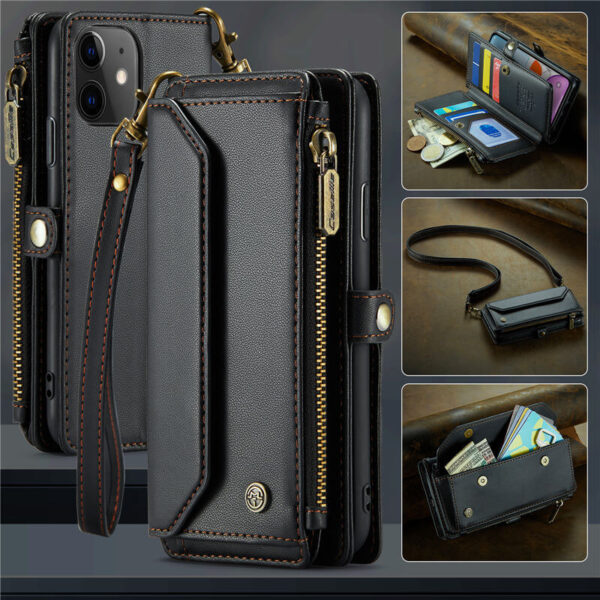 CaseMe Crossbody For iPhone 11 Wallet Kickstand Case with RFID Blocking 7 Card Slots Zipper Purse Support Wireless Charging