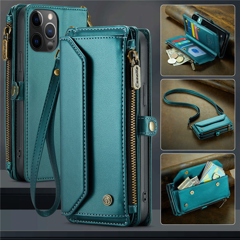 CaseMe Crossbody For iPhone 12 Pro Max Wallet Kickstand Case with RFID Blocking 10 Card Slots Zipper Purse Support Wireless Charging