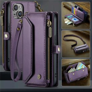 CaseMe Crossbody For iPhone 13 Wallet Kickstand Case with RFID Blocking 7 Card Slots Zipper Purse Support Wireless Charging