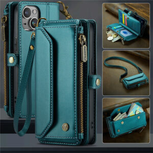 CaseMe Crossbody For iPhone 13 Mini Wallet Kickstand Case with RFID Blocking 7 Card Slots Zipper Purse Support Wireless Charging