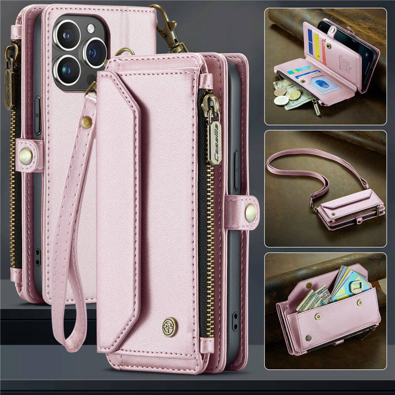 CaseMe Crossbody For iPhone 13 Pro Wallet Kickstand Case with RFID Blocking 7 Card Slots Zipper Purse Support Wireless Charging
