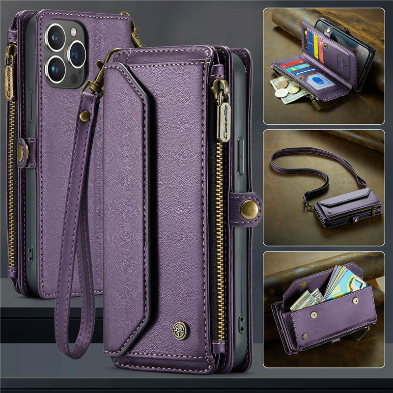 CaseMe Crossbody For iPhone 13 Pro Max Wallet Kickstand Case with RFID Blocking 10 Card Slots Zipper Purse Support Wireless Charging