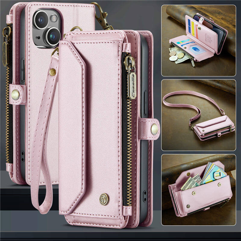 CaseMe Crossbody For iPhone 14 Wallet Kickstand Case with RFID Blocking 7 Card Slots Zipper Purse Support Wireless Charging